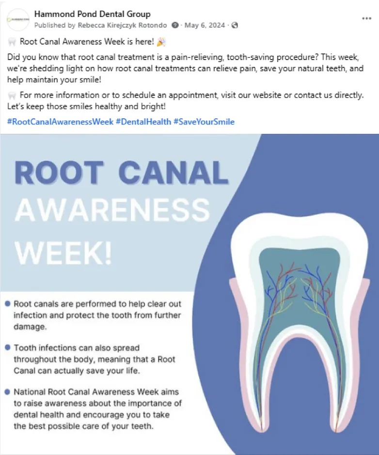 Root Canal Awareness Week graphic featuring an illustrated tooth cross-section and bullet points about root canal benefits.”
