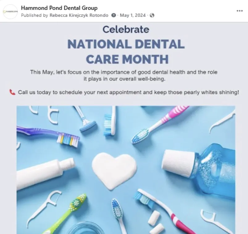 Graphic promoting National Dental Care Month with dental tools arranged around a heart-shaped object on a blue background.